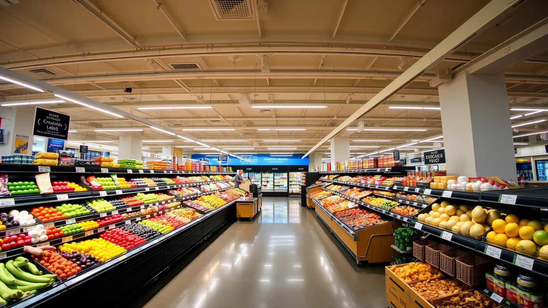 Interior de um supermercado com gôndolas abastecidas